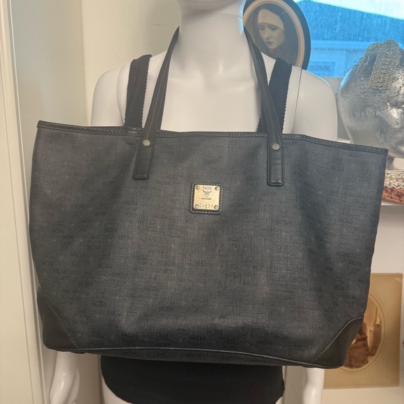 MCM Tote Bag Black and Dark Gray Grey Visetos Shoulder Shopper AUTHENTIC